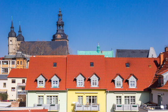 Historic St. Andreas church in the skyline of Lutherstadt Eisleben, Germany