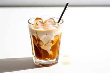 Iced coffee with milk in a glass on a white background. Generative AI.