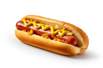 Hot dog with mustard and ketchup isolated on white background. Street food concept. Generative AI.