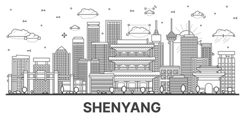 Obraz premium Outline Shenyang China City Skyline with Modern and Historic Buildings Isolated on White.