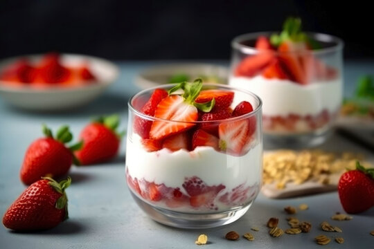 Strawberry dessert with Greek yogurt in a transparent glass. Healthy food concept. Generative AI.