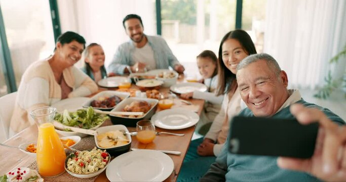 Thanksgiving selfie with a grandfather and his family together for bonding or eating food in celebration. Love, lunch or brunch with a happy senior man taking a photograph at the dining room table