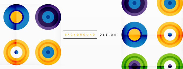 Eye-catching background of colorful circles of equal size arranged in abstract pattern. Circle boasts unique tone or hue, creating rainbow effect. Design has upbeat, contemporary feel