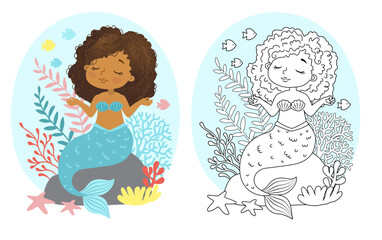 Black and white vector coloring for children. Illustration of beautiful girl mermaid african american ethnicity
