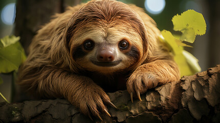 Fototapeta premium Cute sloth on the tree in the jungle. Animal portrait. Generative AI.