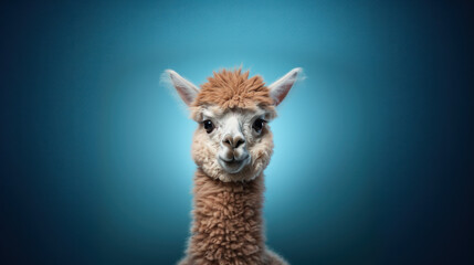 Fototapeta premium Portrait of cute llama on blue background. Funny animal. Generative AI.