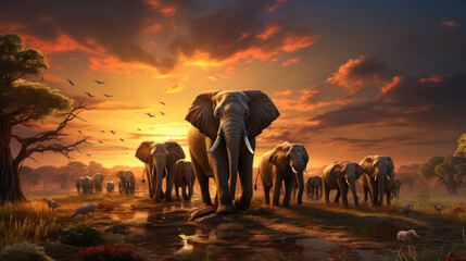 Fototapeta na wymiar Elephants in the savannah at sunset. Generative AI.