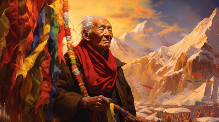 Fototapeta premium Tibetan old man in the Himalayas.