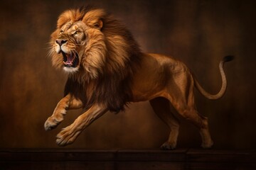 Obraz premium An angry lion with an open mouth. expression of anger. Portrait of a big male lion with open mouth on a dark background. Generative AI technology