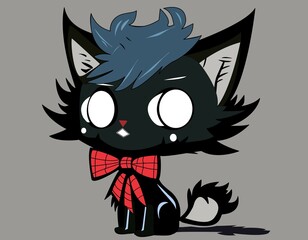Black cartoon cat with a red bow. Cat with big eyes and head. kitten sitting and staring
