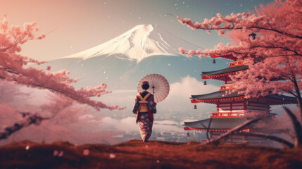 geisha on the background of Mount Fuji.