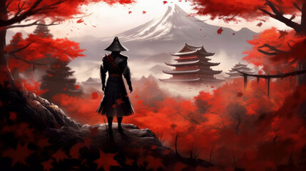 samurai on the background of Mount Fuji.