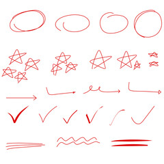 Vector illustration of red pencil, circle, check, underline, star shape, doodle drawing