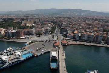 Fototapeta na wymiar Canakkale street view from sea. Canakkale is a beautiful city near to Canakkale bosphorus.