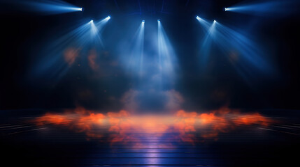 stage and blue smoke night lightning in fog searchlight beams