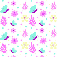 Seamless summer pattern with abstract pink and yellow flowers, pink twigs with leaves and butterflies with mint wings and fuchsia body. Vector illustration with doodle elements in cartoon flat style.