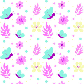 Seamless summer pattern with abstract pink and yellow flowers, pink twigs with leaves and butterflies with mint wings and fuchsia body. Vector illustration with doodle elements in cartoon flat style.