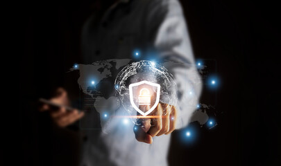 Lock icon and internet network security technology, cybersecurity and privacy concept to protect private data on smartphone. virtual screen cyber security