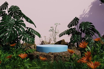 Obraz premium Natural podium, 3D render Mock up for exhibitions, presentation of products, relaxation and health.