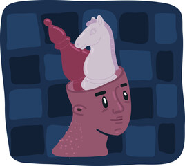 Cartoon vector illustration of bishop and knight chess inside human head