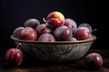 Naklejka na ściany i meble plums in a bowl on a dark background, created by Generative AI