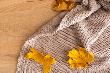 Autumn composition. warm knitted plaid, yellow leaves on white wool background. Autumn, fall concept. Flat lay, top view, copy space.