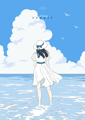 Beautiful woman standing on the sea looking at the summer sky. Girl anime Japanese manga cartoon character. Holiday, Travel, Vacation. Poster, Card. Hand drawn style vector design line illustration.