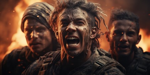 Special Forces soldiers across a war zone destroyed by bombs and smoke in the desert.