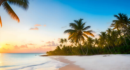 Plakat An idyllic beach and ocean landscape on a tropical island with palm trees and coconut trees in the sunset light 