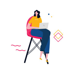 Girl sitting in chair using laptop technology modern information communication digital internet