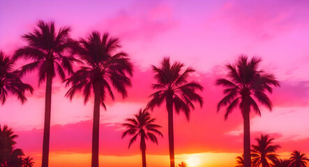 Fototapeta na wymiar Palm trees against orange pink sky at sunset