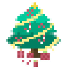 Christmas tree pixel art illustration. Christmas tree made from squares. Gift box pixel art.