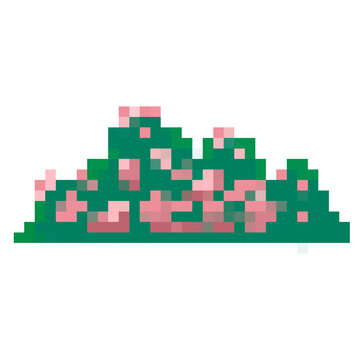 Pixel grass with pink flowers art illustration.
