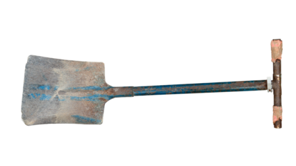 Old shovel that has been modified for use. Steel construction material. Translucent background.