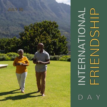 International friendship day text with happy diverse senior friends walking in sunny garden