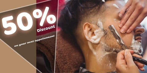 50 percent discount text with diverse male client and female barber wet shaving face