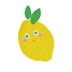 Kawaii lemon character, cute funny kids illustration isolated on white background.
