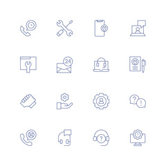 Support line icon set on transparent background with editable stroke. Containing hours support, service, online support, maintenance, mail, laptop, report, hands, gear, question, customer support.