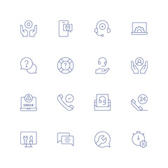 Support line icon set on transparent background with editable stroke. Containing nft, message, medical support, mechanism, help, headset, care, error, check, email, call, computer, chat, chronometer.