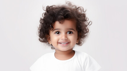 Smiling indian toddler on light background with copy space. Ai generation
