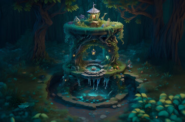 Immersive Isometric Forest: Beautiful Wishing Well Amidst Lush Vines and Tentacles, Crafted with Sharp 3D Vray Render.