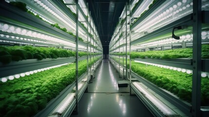 Obraz premium Hydroponic indoor vegetable plant factory in exhibition space warehouse. Interior of the farm hydroponics. Green salad farm. Lettuce Roman growing in greenhouse with led lightning. Generative Ai.