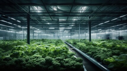 Hydroponic indoor vegetable plant factory in exhibition space warehouse. Interior of the farm hydroponics. Green salad farm. Lettuce Roman growing in greenhouse with led lightning. Generative Ai.