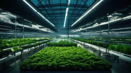 Fototapeta na wymiar Hydroponic indoor vegetable plant factory in exhibition space warehouse. Interior of the farm hydroponics. Green salad farm. Lettuce Roman growing in greenhouse with led lightning. Generative Ai.