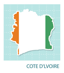 Stickers of Cote d'Ivoire map with flag pattern in frame.