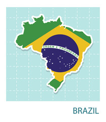 Stickers of Brazil map with flag pattern in frame.