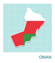 Stickers of Oman map with flag pattern in frame.