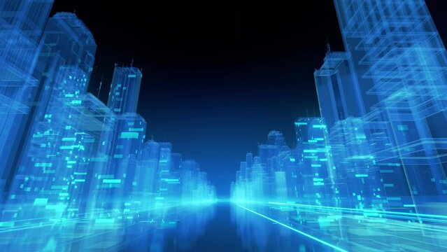 City Bands of light running through a cyber city. Road to the future. speed internet line Road.