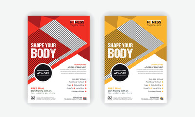 Fitness Gym Flyer and Poster Template or Fitness workout flyer Design or Professional Fitness Gym layout with red and yellow color 