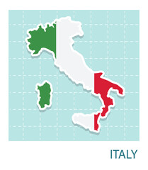 Stickers of Italy map with flag pattern in frame.